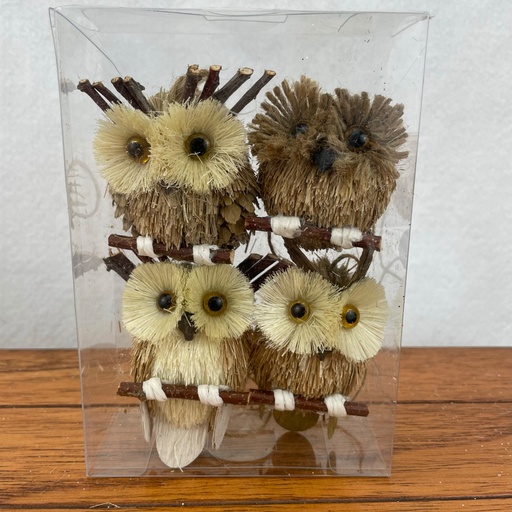 [XH2805] 3" NATURAL SISAL OWLS 4 AST/BOX