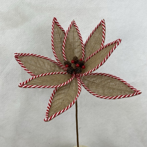 [XA2043] 16" BURLAP POINSETTIA PICK 12" dia W/ RED/WHT EDGING