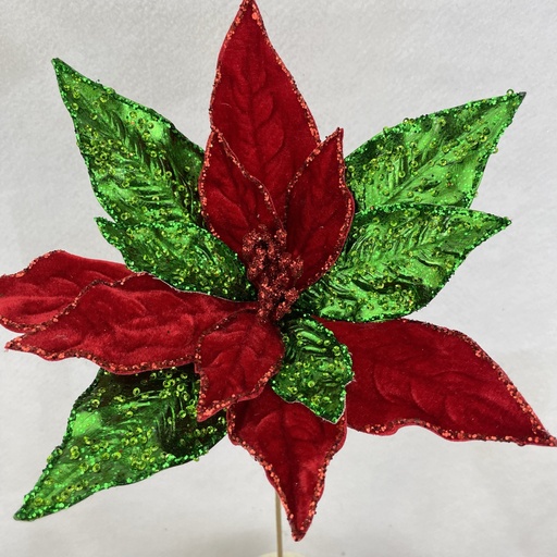 [XA2151-RGN] 20" VELVET AND GLITTER POINSETTIA 12" dia RED/GREEN
