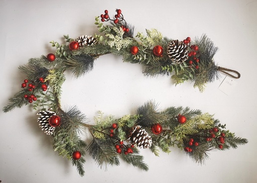 [XL4604] 5' MIXED PINE GARLAND W/ CONES & RED BERRIES FROSTED