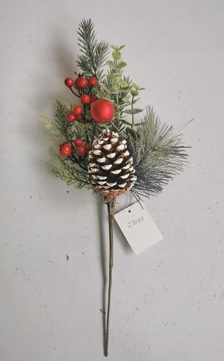 [XL4607] 17" MIXED PINE PICK W/ CONE & RED BERRIES FROSTED