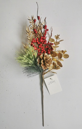 [XL4631] 14.5" PINE PICK W/ METALLIC GOLD FOLIAGE & RED BERRIES