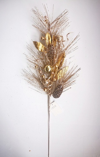 [XL4632] 27.5" GLITTER PINE SPRAY W/ CONES & BALLS GLD/CHA