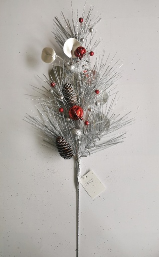[XL4633] 27.5" GLITTER PINE SPRAY W/ CONES & BALLS RED/SIL