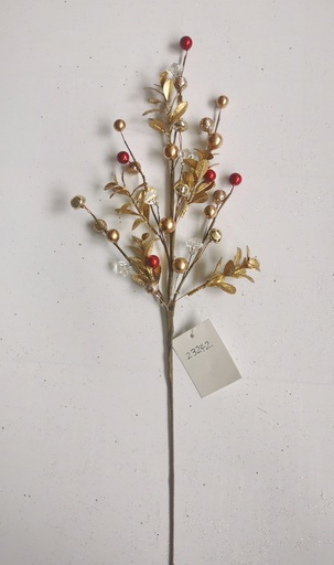[XL4634] 20" METALLIC GOLD EUCALYPTUS SPRAY W/ RED/GLD BALLS