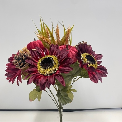 [STF4900-BUR] 17" SUNFLOWER & MUM BUSH W/ VELVET PUMPKIN BURGUNDY