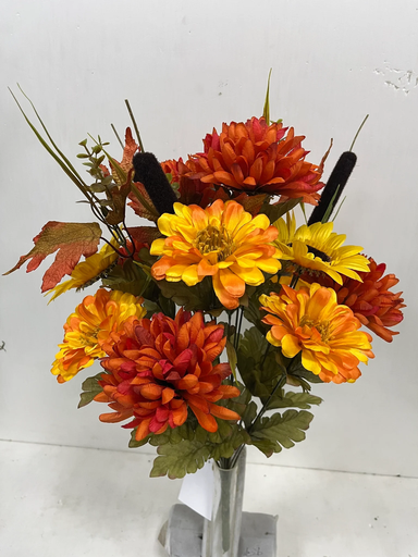 [STF4903-ORY] 22" ZINNIA/MUM/SUNFLOWER BUSH X18 W/CATTAIL ORANGE/YELLOW