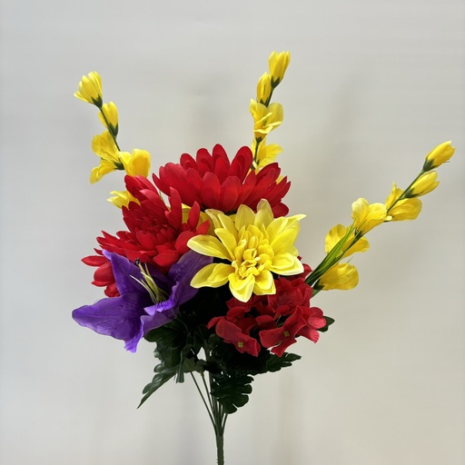 [ST5918-RPY] 23" MUM/LILY/HYDRANGEA MIXED BUSH X12 RED/PUR/YEL
