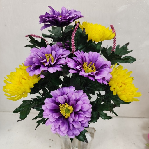 [ST5933-BYL] 17" MUM/SUNFLOWER/ZINNIA BUSH X14 LIGHT PURPLE/YELLOW
